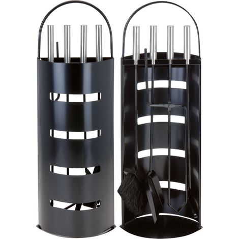 Spetebo – Serviteur de cheminée 5 pièces en acier inoxydable – Pelle, balai, pince, crochet, support – Dimensions 65x22x15cm