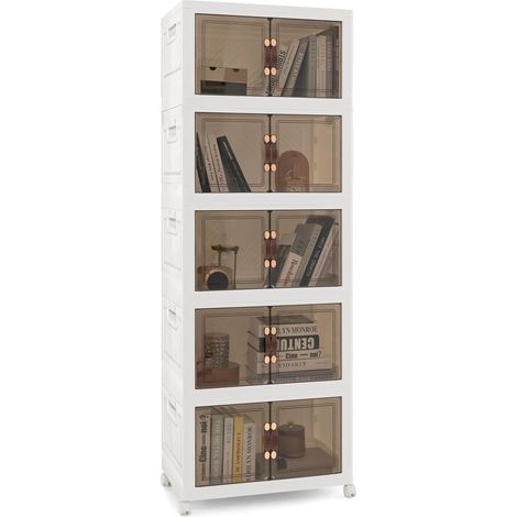 GOPLUS Boîtes de Rangement Empilables en PP, Charge 316L, 5 Bacs de Armoire avec Roues Verrouillables, Poignée Pratique, avec Couvercle & Portes pour Salon, Chambre, Style Moderne (1/5)