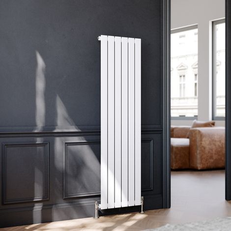 ELEGANT 1600x456mm White Designer Radiator Vertical Flat Panel Single Panel Radiator with White Thermostatic Radiator Valves (1/5)