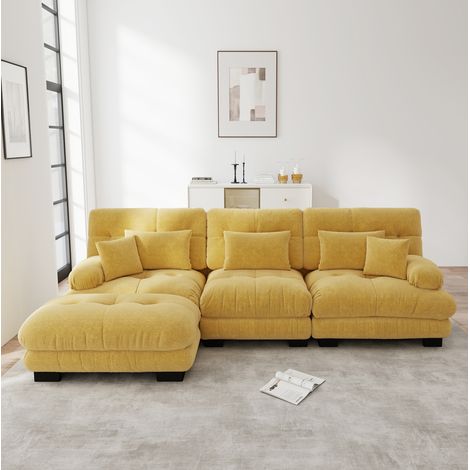 Divano angolare modulare in ciniglia gialla con chaise longue e pouf (1/5)