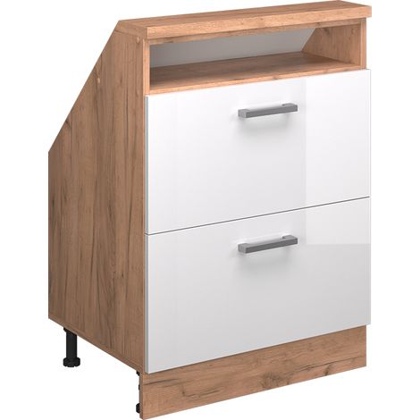 Meuble sous pente R-Line, Blanc brillant/Chêne doré, 60cm avec 2 tiroirs, Vicco