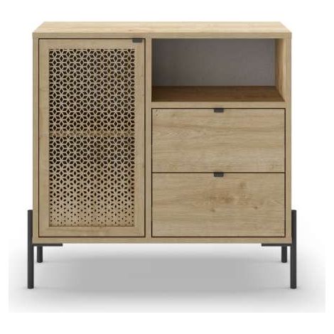 Mueble auxiliar 2 cajones, 1 puerta y 1 hueco modelo India acabado roble/negro. 80.5cm(alto) 84cm(ancho) 40cm(prof). (1/5)