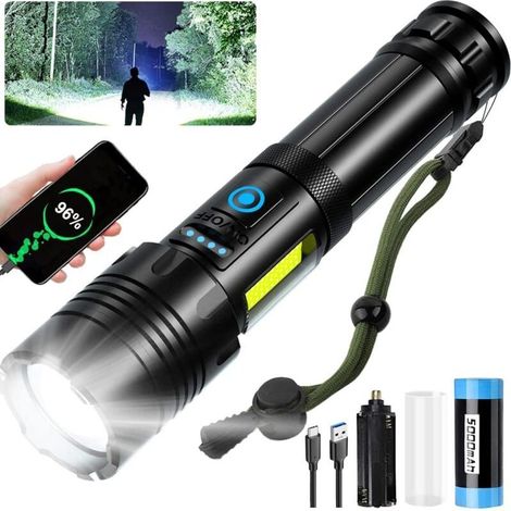 Lampe Torche LED Ultra Puissante, Lampe de Poche Rechargeable, Lampe Torche Tactique Militaire Puissante, IPX6 Étanche, 7 Modes D'éclairage pour Camping Randonnée (1/4)