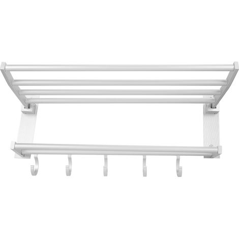 Étagère de douche pliable en aluminium de 40 cm avec porte-serviettes et porte-manteaux, 5 crochets, couleur argent. (1/5)