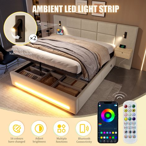 Lit 180x200cm avec tête de lit en velours, tiroirs de rangement intégrés, éclairage LED, ports USB-C, coffre hydraulique sous le lit et structure en métal renforcé (charge max 200 kg). (1/5)