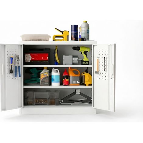 AOBABO Armoire en métal avec plaque perforée et crochets, 80 cm de haut, 2 étagères réglables, convient pour la maison, le bureau, le garage, l'école, à monter soi-même, blanc