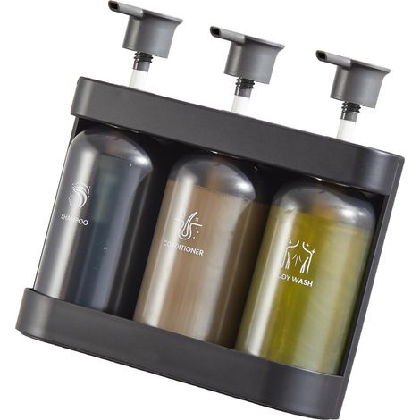 Distributeur de savon mural pour douche, 3 compartiments, shampoing, après-shampoing et gel douche, 380 ml par flacon, gris foncé, pour salle de bain et hôtel. (1/5)
