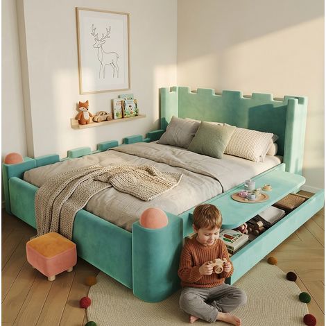 Letto matrimoniale 140x200 cm imbottito con cassetto contenitore e ripiano pieghevole, rete a doghe, velluto blu-verde (1/5)
