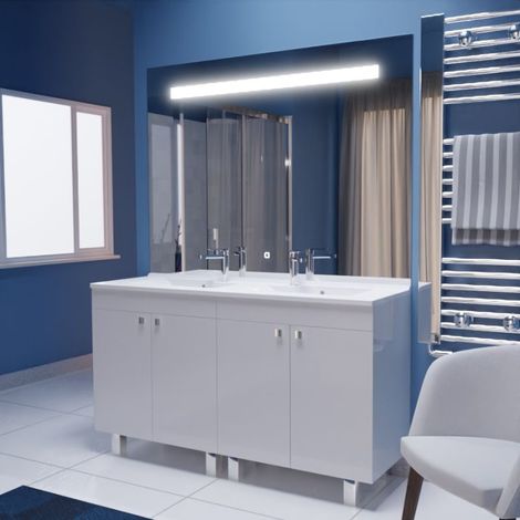 Cuisibane – Meuble bas de salle de bain 140 cm – Plan vasque résine 140 cm x 46 cm – 2 caissons avec 4 portes – Hauteur 83 cm – Blanc laqué brillant - ht105- (1/5)