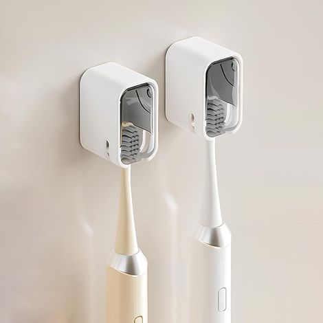 Set mit 2 wandmontierten Zahnbürstenhaltern, selbstklebend aus ABS mit Deckel, staubdichter Organizer fürs Badezimmer (1/5)