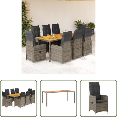 Gartentisch - 9-tlg. Garten-Bistro-Set mit Kissen Grau Poly Rattan (1/5)