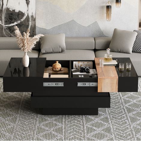 Tavolino da salotto in MDF nero 70 x 70 x 39 cm, quadrato, allungabile con vano contenitore (1/5)