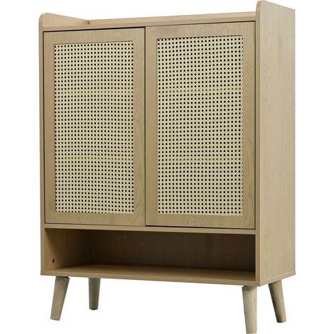 Meuble à chaussures en rotin naturel, commode à chaussures avec 2 portes et 5 étagères, pour l’entrée. Avec poignées en bois et pieds en bois massif. Dimensions: B80/H105/T35 cm (1/5)