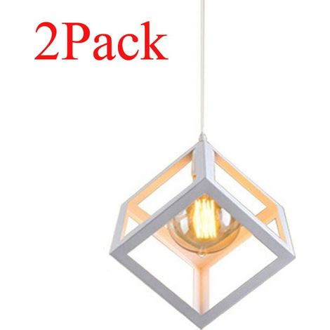 Lot de 2 Lustre Suspension Industrielle E27 Plafonnier Luminaire Cage Cube en Métal Blanc (1/4)
