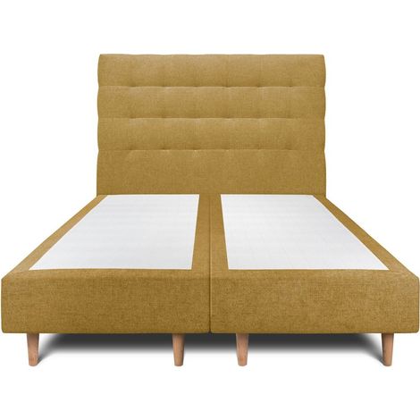 Lit 180x200cm avec tête de lit capitonnée tissu et double sommier tapissier jaune - Hauteur totale : 35cm (1/5)