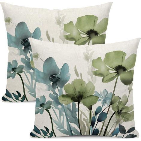 Kissenbezüge mit Blumenmuster aus Leinenmischgewebe im rustikalen Stil — (40 x 40 cm, Salbeigrün und Blau)