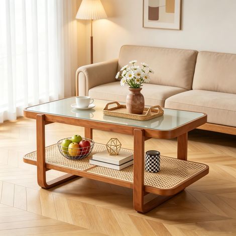 COSTWAY Table Basse Bois et Verre 2 Niveaux, Étagère en Rotin Tressé (1/5)