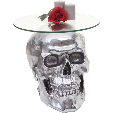 [NEUWERTIG] Beistelltisch Totenkopf HHG-017, Polyresin Glastisch Wohnzimmertisch, silber 52x55x55cm (1/5)
