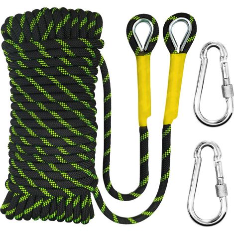 Corde d'escalade 8 mm Corde Statique de Extérieure 30 m Sauvetage d'incendie Corde de Tressée Nylon Avec 2 Crochets en Acier Pour Randonnée Escalade Extérieure Noir Fluorescent (1/5)
