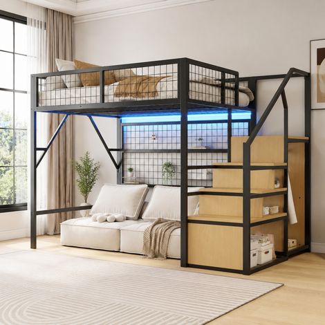 Metall-Hochbett 140 x 200 cm, schwarz, mit LED und Stauraum für kleine Räume – MEUBLIV (1/5)