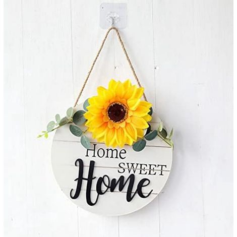Panneau D Accueil En Bois - 27 X 27 Cm - Decoration Porte Et Mur - Motif Tournesol Et Plantes - Pour Maison Cafe Restaurant (1/5)