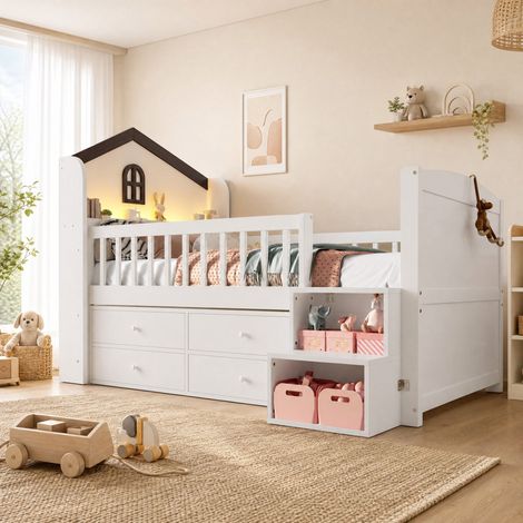 Letto semialto 90x200 cm a casetta bianco con 4 cassetti, LED e scala contenitore (1/5)