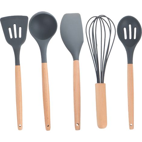 Ensemble de 5 ustensiles de cuisine en silicone avec manches en bois : passoire, spatule, cuillère, grattoir, fouet, tamis (1/5)