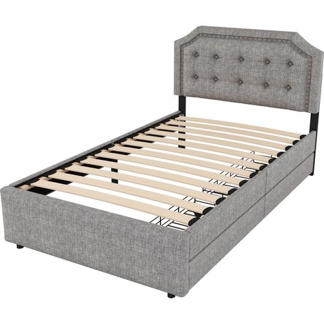 Cama tapizada 90 x 200 cm gris con 2 cajones y cabecero con tachuelas (1/5)