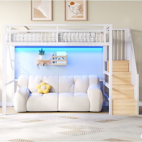 Letto a soppalco 90 x 200 cm in metallo e MDF con LED, scala con contenitore, bianco OKMYHOME (1/5)