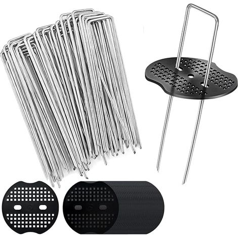 Packung mit 50 + 50 Pufferscheiben für Unkrautvlies (150 x 40 mm, Ø 2,5 mm), verzinkte Bodenanker, feste Unkrautvlies-Heringe, robuste Metall-Zeltnägel (1/5)