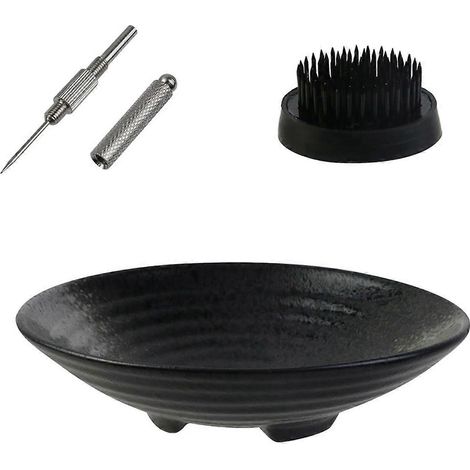 Ikebana-Vasen-Set, Keramik-Ikebana-Schale und Kenzan-Metallblume, Schwarz