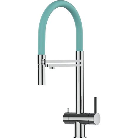 Rubinetto 3 vie miscelatore lavello cucina VIZIO in Acciaio INOX Lucido - Canna turchese movibile e doccia due getti staccabile - ACCIAIO CHIRURGICO AISI 316 (1/5)