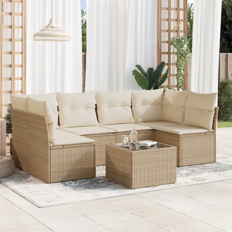 Set sofás de jardín 7 piezas y cojines ratán sintético beige vidaXL (1/3)