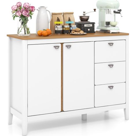 Credenza buffet con 2 porte e 3 cassetti estraibili, Mobile da cucina in legno con kit anti-ribaltamento Naturale Bianco (1/4)