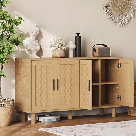 Buffet 140x40x80 cm - Scandinave avec rotin tressé et rangement spacieux - Naturel