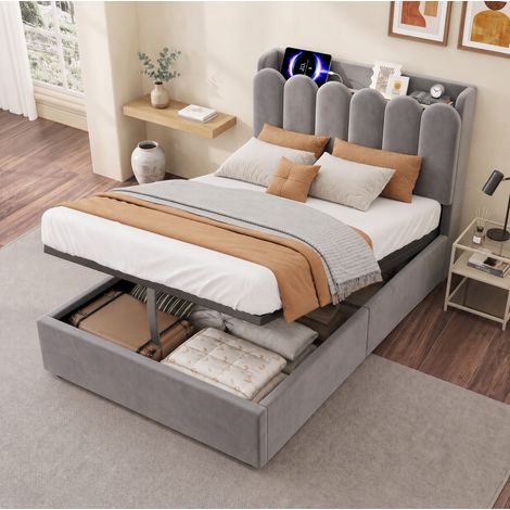 Letto contenitore 90 x 200 cm per bambini in velluto grigio, USB Type-C (1/5)