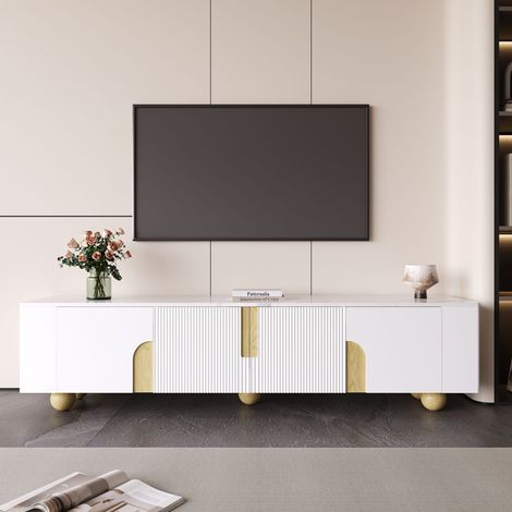 Meuble TV 180 cm Blanc et Bois Chic - Banc TV 4 Portes avec Plateau Effet Marbre, Façade Rainurée et Pieds Boules en Bois Massif (1/5)