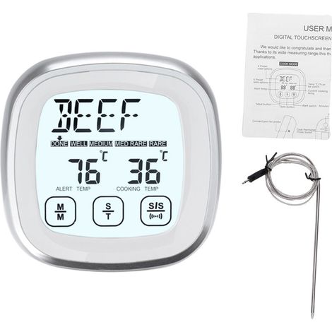 Thermomètre alimentaire numérique, thermomètre à viande pour barbecue avec minuterie, 9 modes préréglés, 5 niveaux de cuisson, base magnétique et sonde de température en acier inoxydable, couleur arge