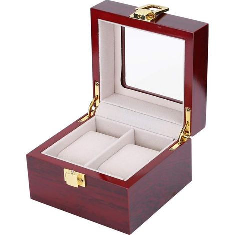 Boîte à montres aspect bois rouge pour 2 montres avec fenêtre transparente et serrure dorée, boîte de rangement carrée avec matériau intérieur doux crème pour usage domestique et cadeau (1/5)