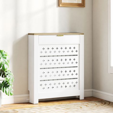 Couvercle de radiateur, cache radiateur avec placard rabattable et étagère supérieur, 78 x 19 x 95,5 cm, blanc (1/5)
