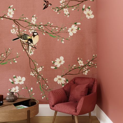 Papier peint panoramique Birds & Blossom 200 x 280cm Rose