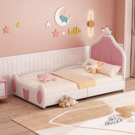 Lit enfant capitonné 90x200 cm en similicuir blanc, tête de lit couronne, design princesse bicolore, lit simple avec sommier à lattes, sans matelas (1/5)
