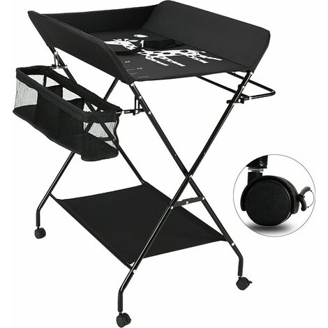 Wickeltisch Wickeltischauflage Mit 3 Fächer Wickelkommode Baby Wickelkombi Wickelauflage Klappbar Schwarz mit Rädern (1/5)