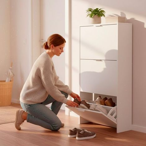 Scarpiera A Ribalta Salvaspazio 3 Ante E 6 Ripiani Mobile Portascarpe Antigraffio Fino A 20 Paia Di Scarpe Design Moderno Minimal Ingresso Corridoio Retro Porta 113 x 60 x 22 Cm Bianco - Colore: Bianc