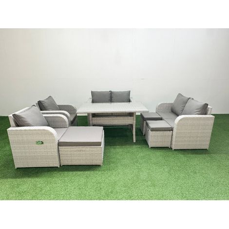 Fimous 9 Seater Outdoor Reclining Chair Love Sofa Set Rattan Garden Furniture Set with Rectangular Dining Table 3 Stools Light Grey (1/4)