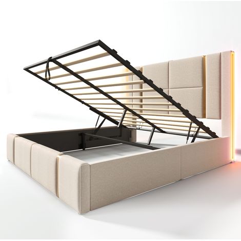 Cama doble tapizada 140 x 200 cm con LED, USB Tipo C y arcón, beige (1/5)