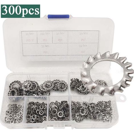 300pcs M2.5-M8 External Serrated Lock Washers Set with Storage Box M2.5 M3 M4 M5 M6 M8 304 Stainless Steel (1/5)
