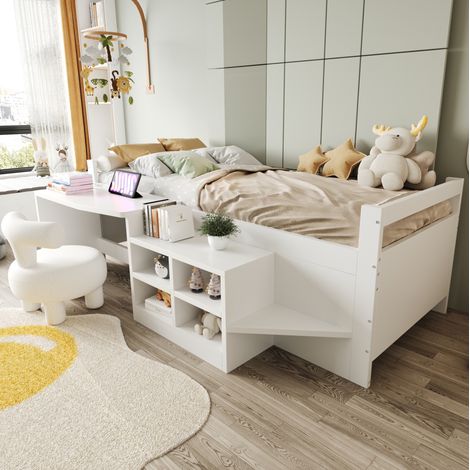 DESVIAE Lit enfant multifonction 90 x 200 cm avec rangements bureau prises USB et prise ronde escalier intégré blanc bois (1/5)