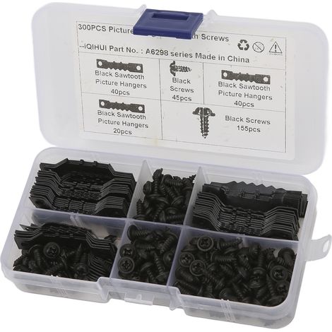 Lot de 100 crochets de suspension en dents de scie pour tableaux, résistants à la rouille, stables et durables, avec 200 vis (noir). (1/5)