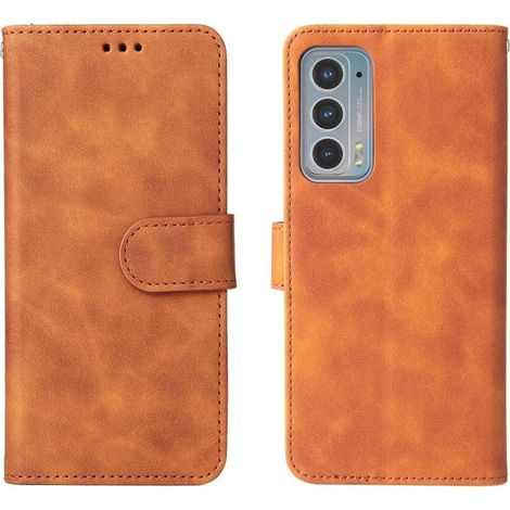 Custodia a libro in vera pelle che protegge completamente il Motorola Moto EDGE 20, dotata di scomparti e porta carte.